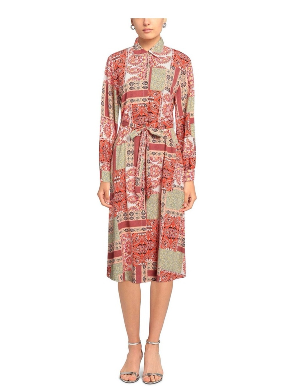 Long-Sleeve Patchwork Shirt Dress in Coral
